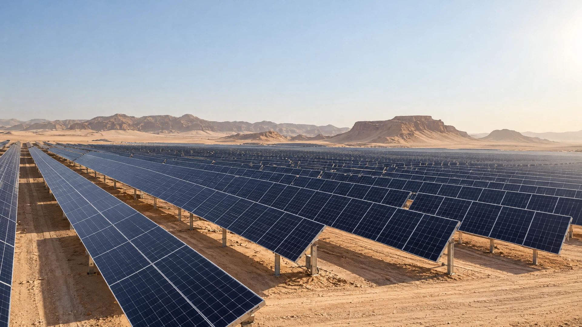 Photovoltaic solar panels across a desert landscape
