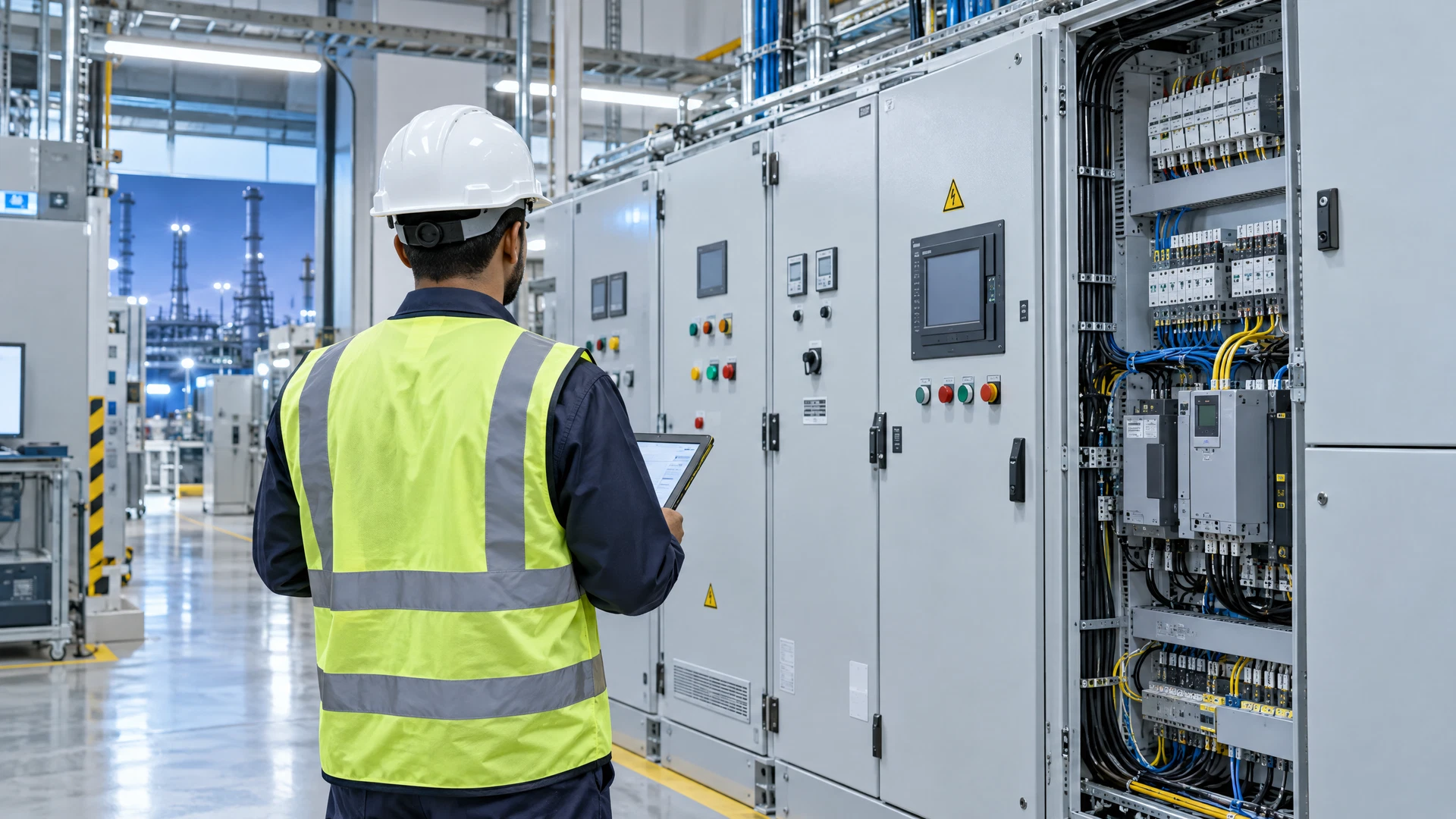Industrial engineer inspecting electrical control cabinets